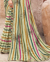 Vishal Prints Cream Printed Patterned Chiffon Saree With Diamond Work And Fancy Border