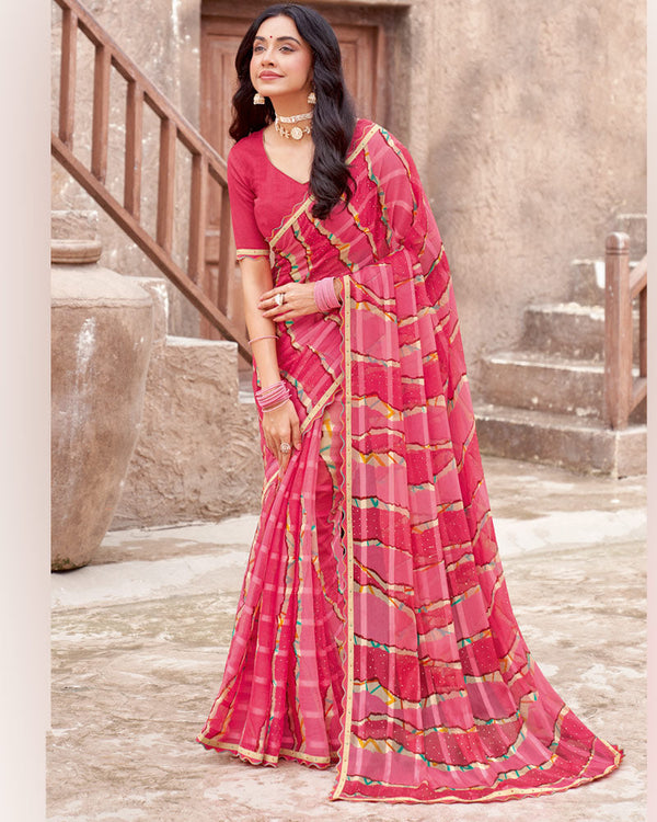Vishal Prints Raspberry Pink Printed Patterned Chiffon Saree With Diamond Work And Fancy Border