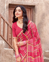Vishal Prints Raspberry Pink Printed Patterned Chiffon Saree With Diamond Work And Fancy Border