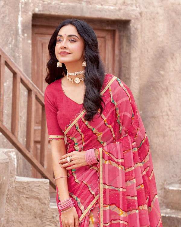 Vishal Prints Raspberry Pink Printed Patterned Chiffon Saree With Diamond Work And Fancy Border