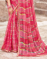 Vishal Prints Raspberry Pink Printed Patterned Chiffon Saree With Diamond Work And Fancy Border
