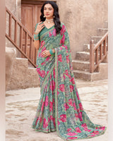 Vishal Prints Sage Green Printed Patterned Chiffon Saree With Diamond Work And Fancy Border