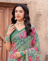 Vishal Prints Sage Green Printed Patterned Chiffon Saree With Diamond Work And Fancy Border