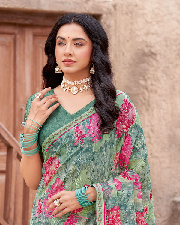 Vishal Prints Sage Green Printed Patterned Chiffon Saree With Diamond Work And Fancy Border