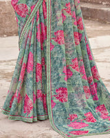Vishal Prints Sage Green Printed Patterned Chiffon Saree With Diamond Work And Fancy Border
