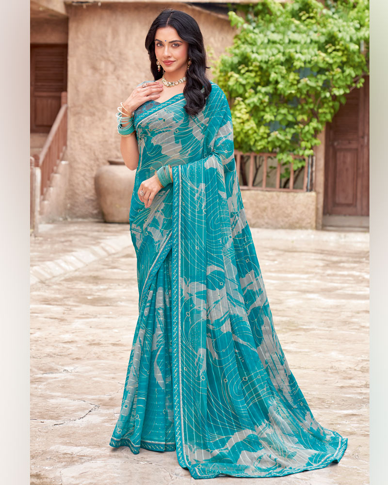 Vishal Prints Ocean Blue Printed Patterned Chiffon Saree With Diamond Work And Fancy Border