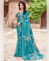 Vishal Prints Ocean Blue Printed Patterned Chiffon Saree With Diamond Work And Fancy Border