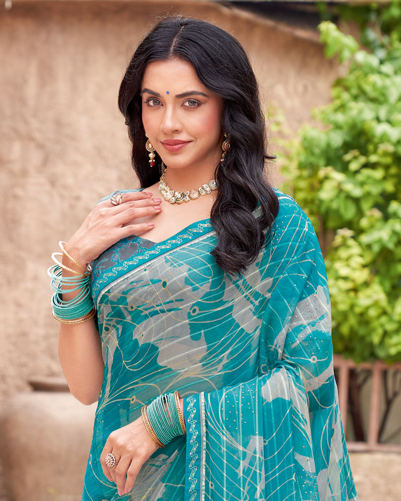 Vishal Prints Ocean Blue Printed Patterned Chiffon Saree With Diamond Work And Fancy Border