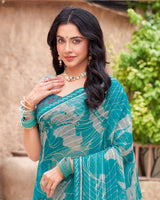 Vishal Prints Ocean Blue Printed Patterned Chiffon Saree With Diamond Work And Fancy Border