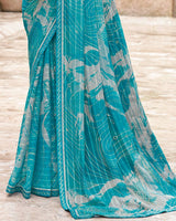 Vishal Prints Ocean Blue Printed Patterned Chiffon Saree With Diamond Work And Fancy Border