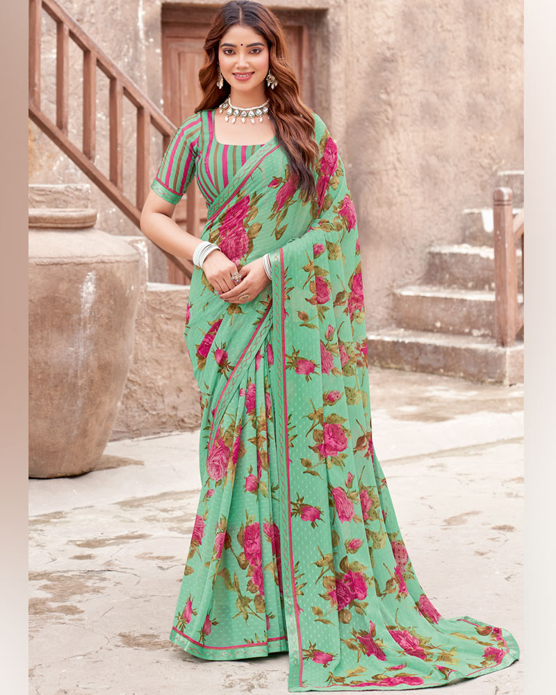 Vishal Prints Summer Green Printed Patterned Chiffon Saree With Diamond Work And Fancy Border