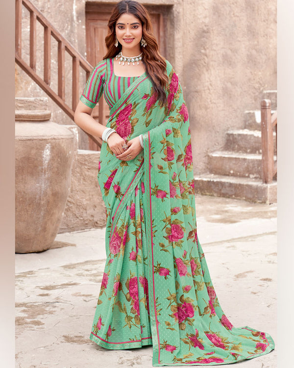 Vishal Prints Summer Green Printed Patterned Chiffon Saree With Diamond Work And Fancy Border
