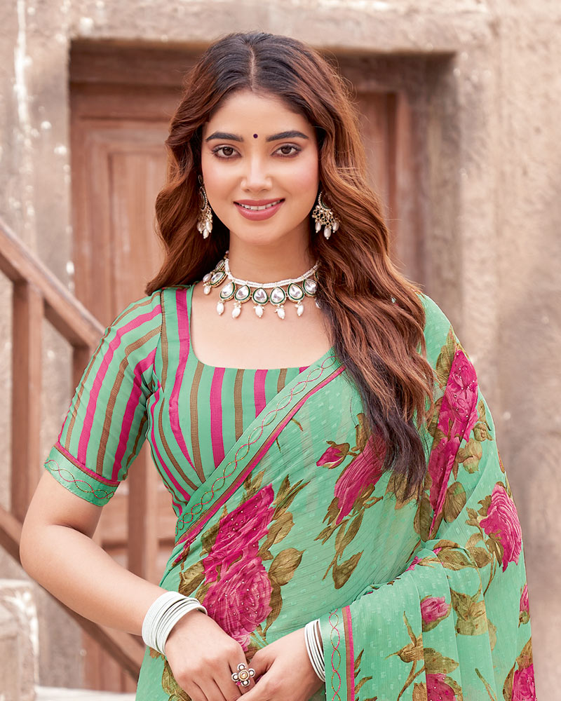 Vishal Prints Summer Green Printed Patterned Chiffon Saree With Diamond Work And Fancy Border