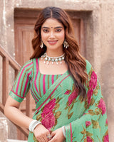 Vishal Prints Summer Green Printed Patterned Chiffon Saree With Diamond Work And Fancy Border