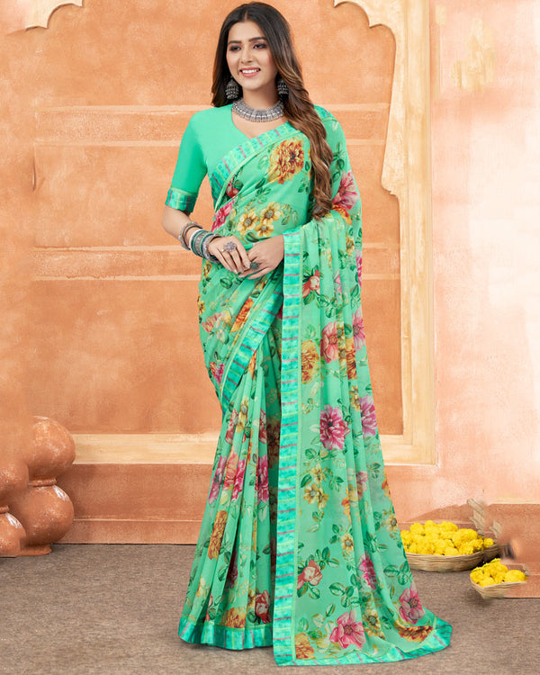 Vishal Prints Riptide Green Digital Print Georgette Saree With Satin Border