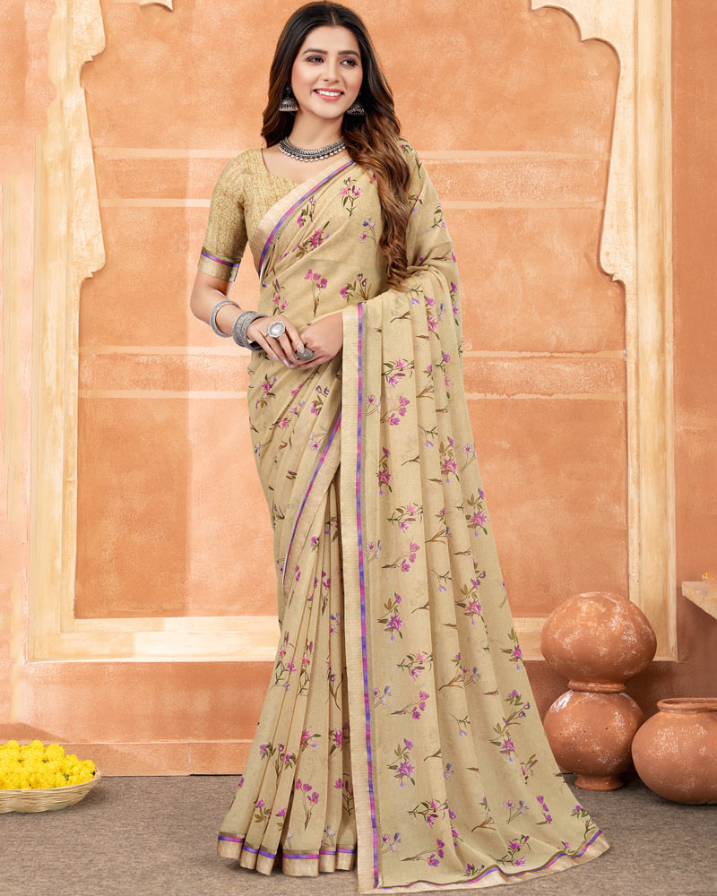 Vishal Prints Fawn Digital Print Georgette Saree With Satin Border