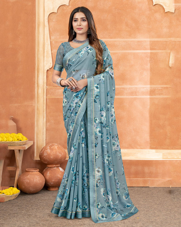 Vishal Prints Regent Grey Digital Print Georgette Saree With Satin Border