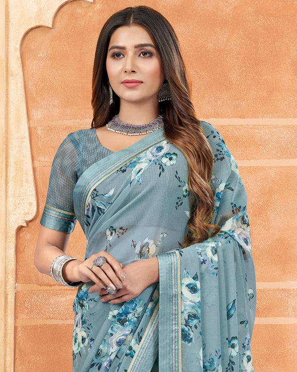 Vishal Prints Regent Grey Digital Print Georgette Saree With Satin Border