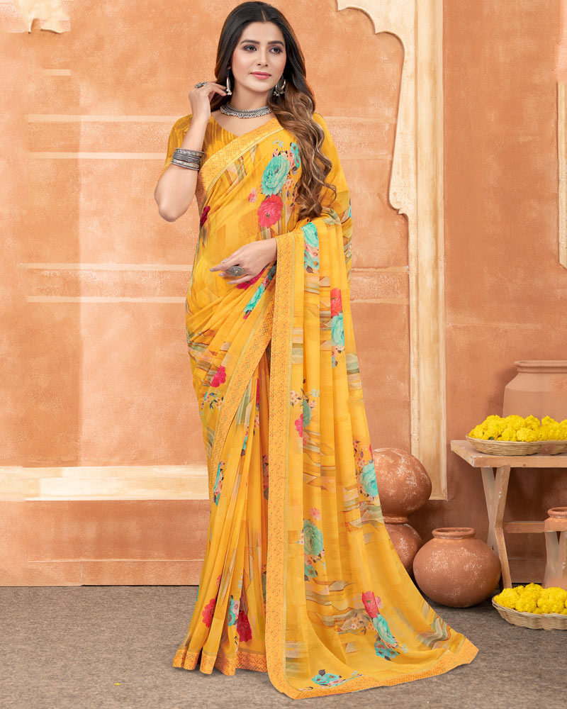 Vishal Prints Dark Yellow Digital Print Georgette Saree With Satin Border