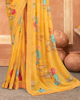 Vishal Prints Dark Yellow Digital Print Georgette Saree With Satin Border