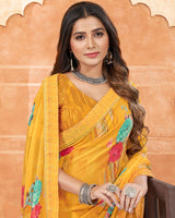 Vishal Prints Dark Yellow Digital Print Georgette Saree With Satin Border