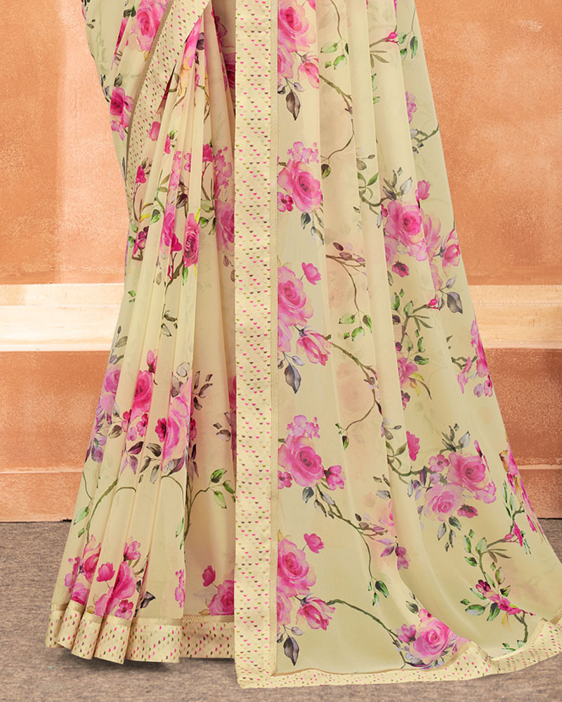 Vishal Prints Pastel Yellow Digital Print Georgette Saree With Satin Border