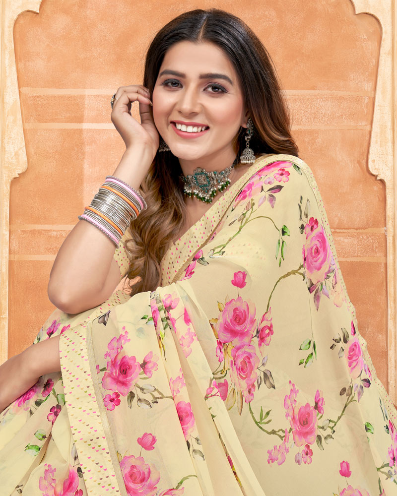 Vishal Prints Pastel Yellow Digital Print Georgette Saree With Satin Border