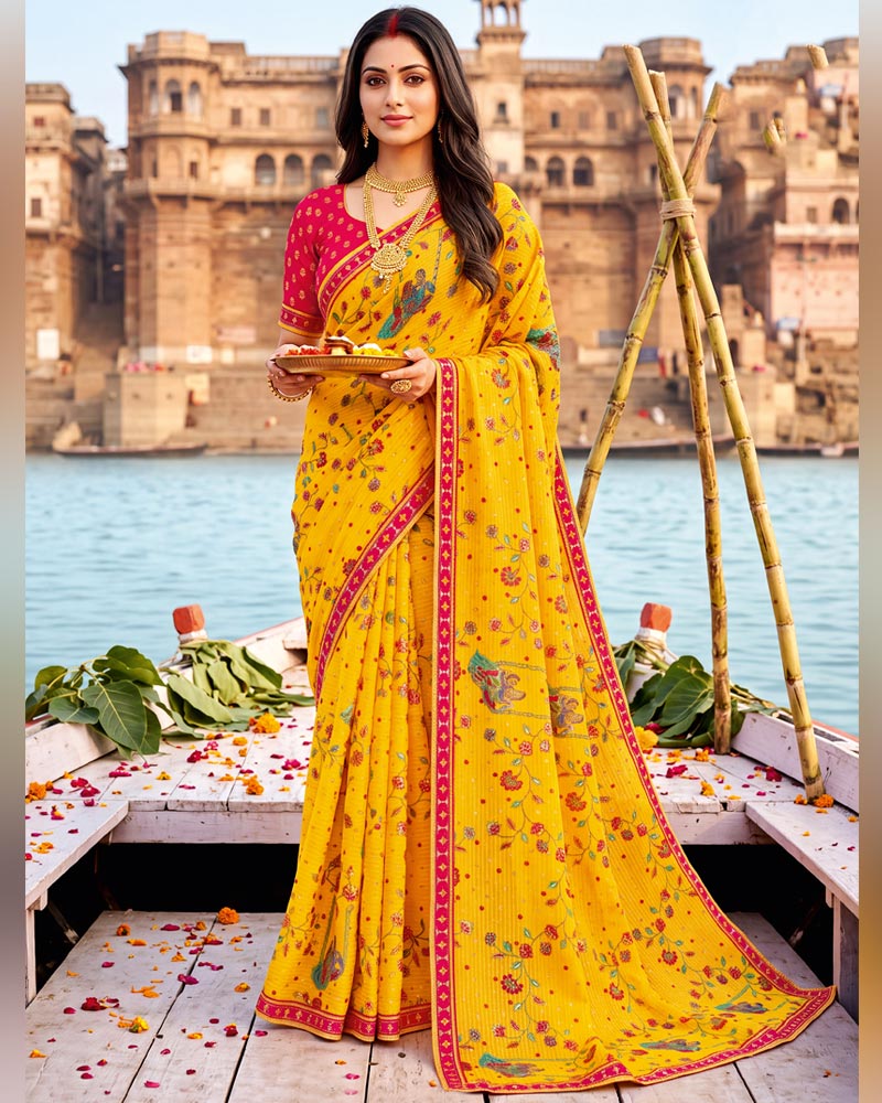 Vishal Prints Golden Yellow Printed Chiffon Traditional Print Saree With Foil Print And Fancy Border