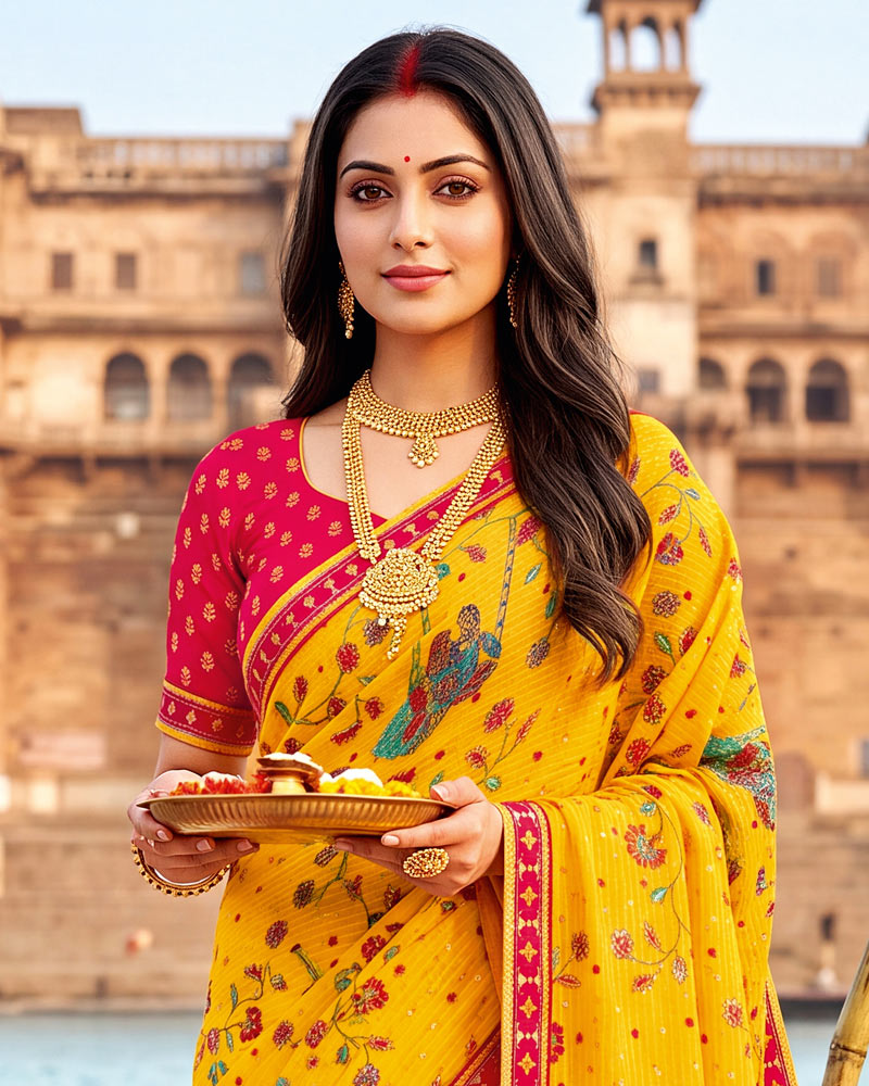 Vishal Prints Golden Yellow Printed Chiffon Traditional Print Saree With Foil Print And Fancy Border