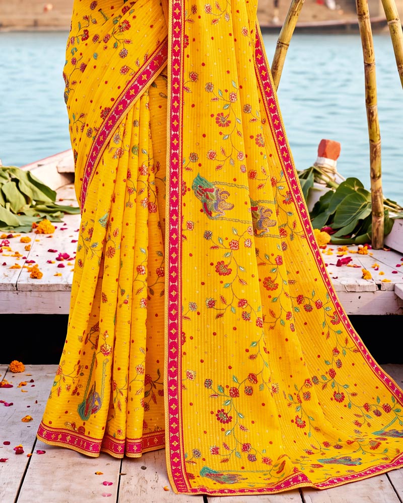 Vishal Prints Golden Yellow Printed Chiffon Traditional Print Saree With Foil Print And Fancy Border