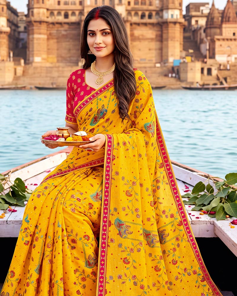 Vishal Prints Golden Yellow Printed Chiffon Traditional Print Saree With Foil Print And Fancy Border
