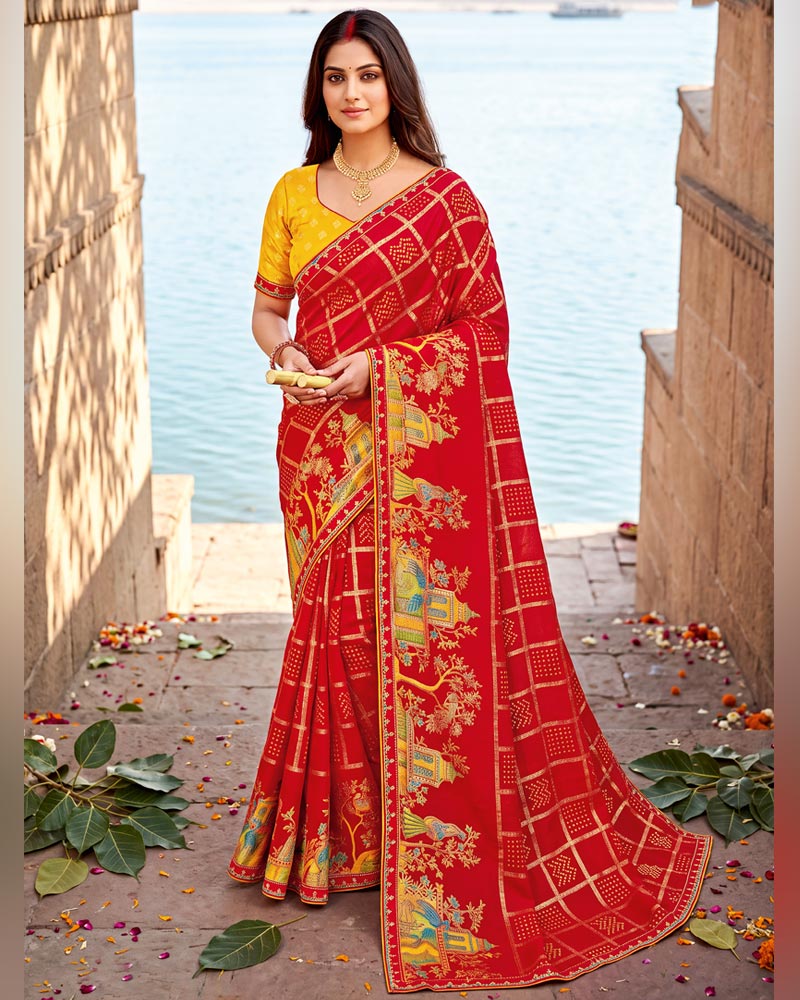 Vishal Prints Venetian Red Printed Chiffon Traditional Print Saree With Foil Print And Fancy Border