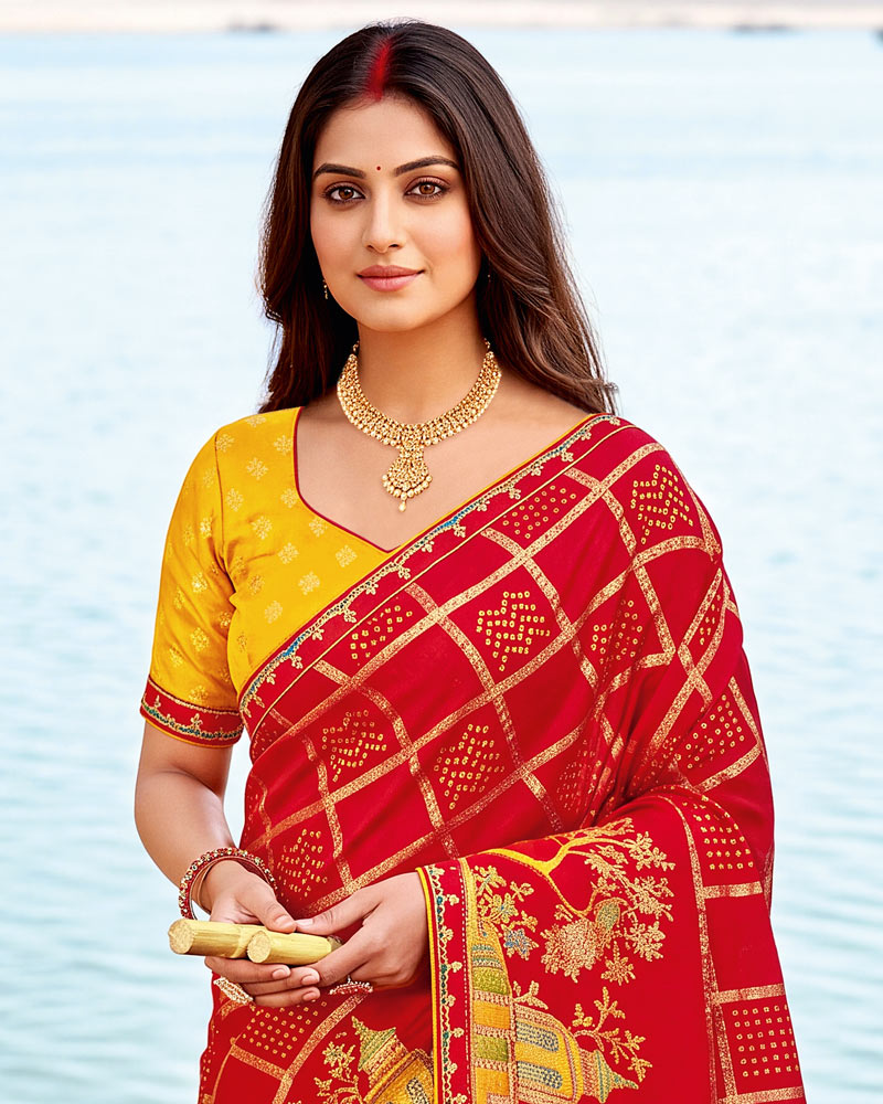 Vishal Prints Venetian Red Printed Chiffon Traditional Print Saree With Foil Print And Fancy Border