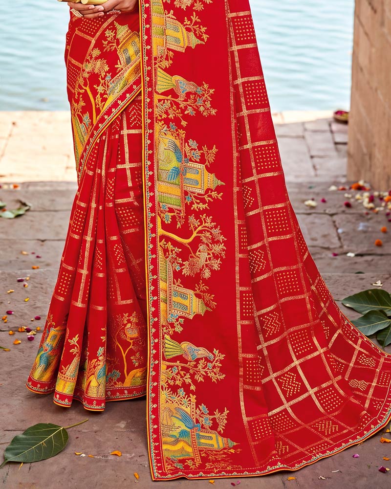 Vishal Prints Venetian Red Printed Chiffon Traditional Print Saree With Foil Print And Fancy Border