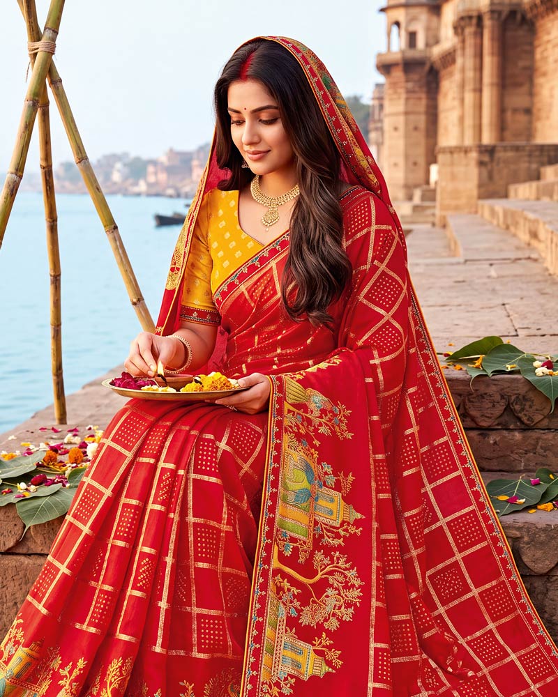 Vishal Prints Venetian Red Printed Chiffon Traditional Print Saree With Foil Print And Fancy Border