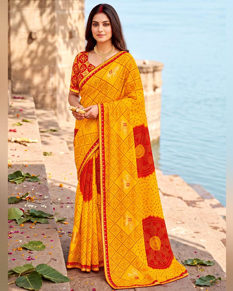 Vishal Prints Bright Yellow Printed Chiffon Traditional Print Saree With Foil Print And Fancy Border