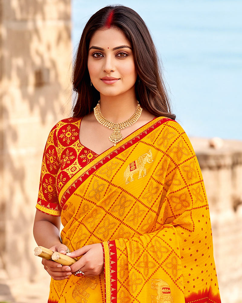 Vishal Prints Bright Yellow Printed Chiffon Traditional Print Saree With Foil Print And Fancy Border