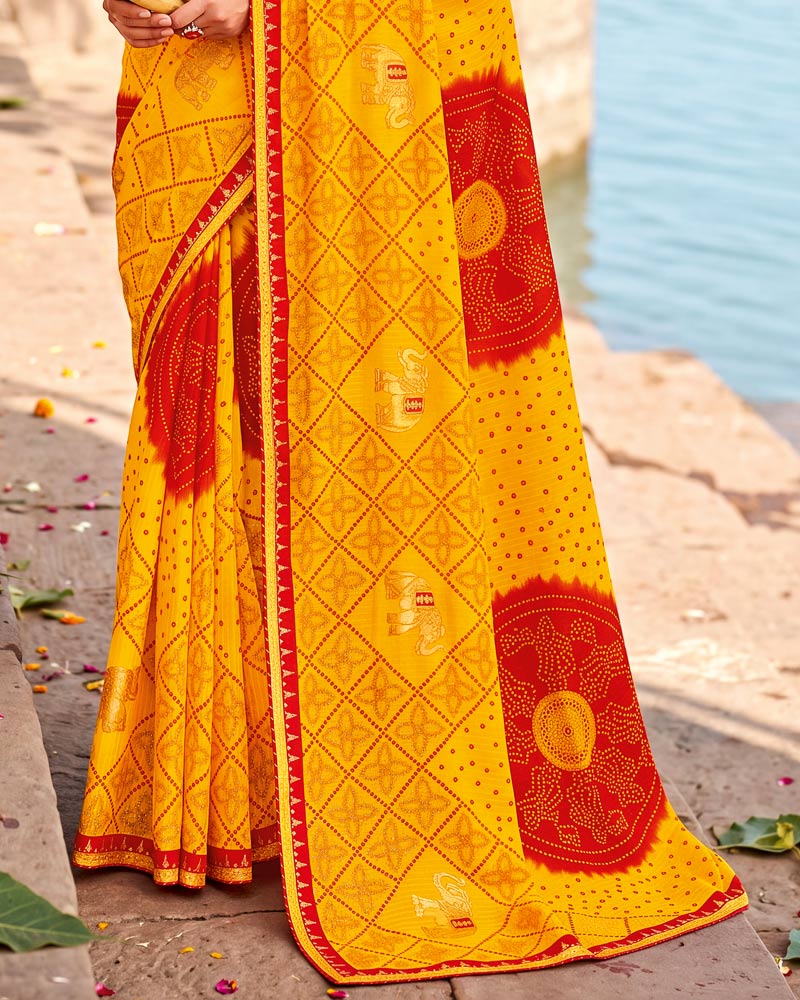 Vishal Prints Bright Yellow Printed Chiffon Traditional Print Saree With Foil Print And Fancy Border