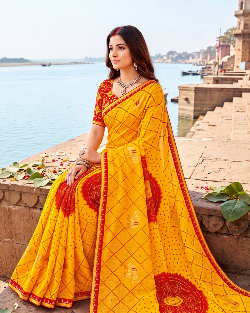 Vishal Prints Bright Yellow Printed Chiffon Traditional Print Saree With Foil Print And Fancy Border