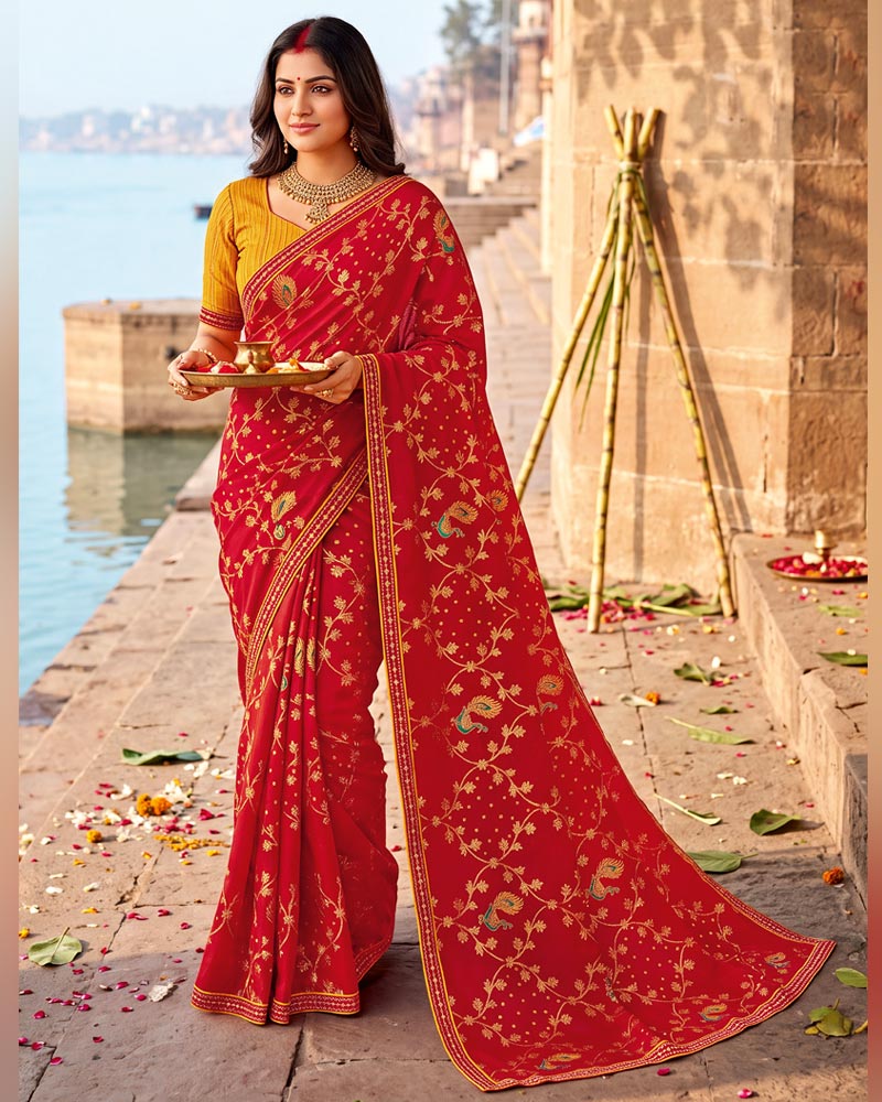 Vishal Prints Shiraz Red Printed Chiffon Traditional Print Saree With Foil Print And Fancy Border