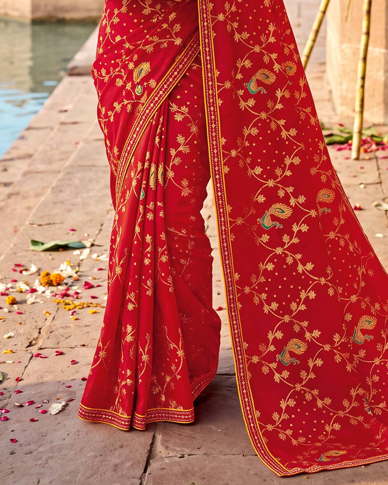 Vishal Prints Shiraz Red Printed Chiffon Traditional Print Saree With Foil Print And Fancy Border