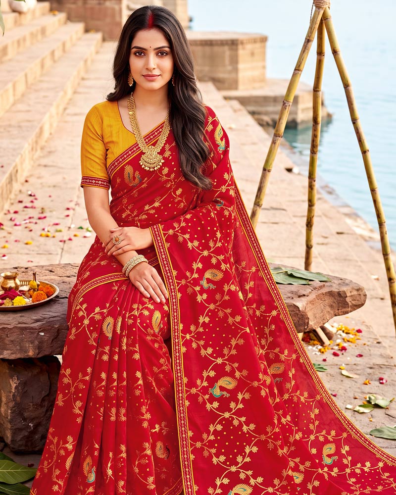 Vishal Prints Shiraz Red Printed Chiffon Traditional Print Saree With Foil Print And Fancy Border