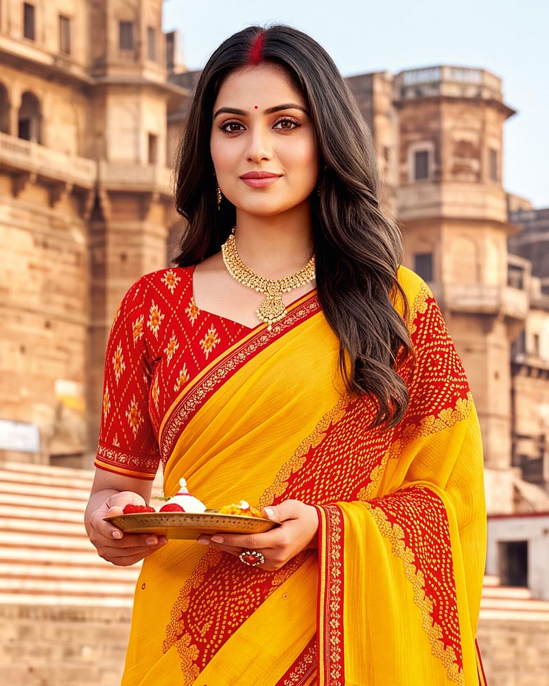 Vishal Prints Dark Orangey Yellow Printed Chiffon Traditional Print Saree With Foil Print And Fancy Border
