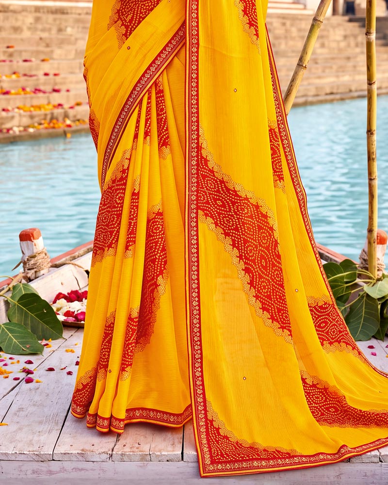 Vishal Prints Dark Orangey Yellow Printed Chiffon Traditional Print Saree With Foil Print And Fancy Border