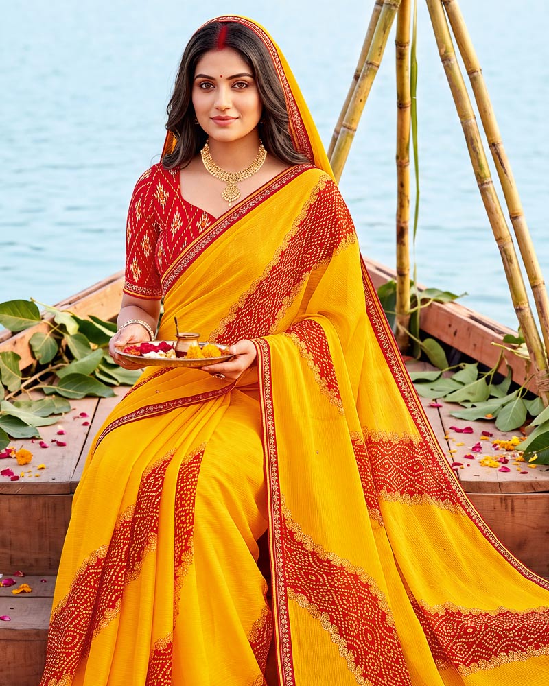 Vishal Prints Dark Orangey Yellow Printed Chiffon Traditional Print Saree With Foil Print And Fancy Border
