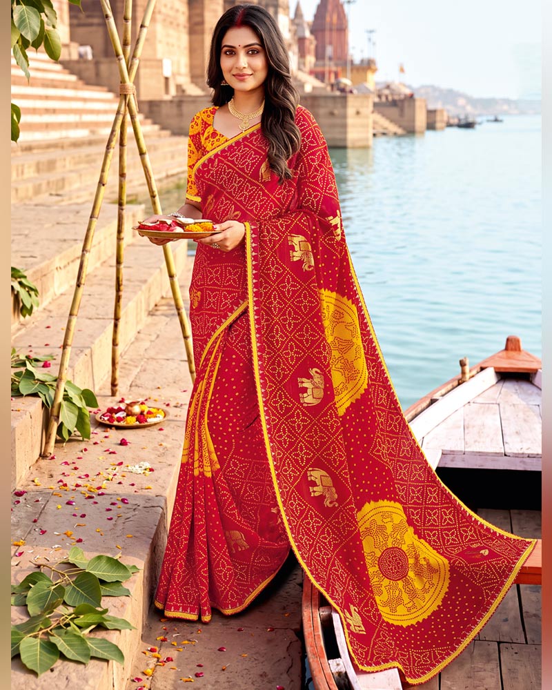 Vishal Prints Dark Red Printed Chiffon Traditional Print Saree With Foil Print And Fancy Border