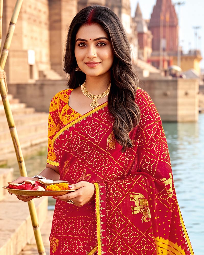 Vishal Prints Dark Red Printed Chiffon Traditional Print Saree With Foil Print And Fancy Border