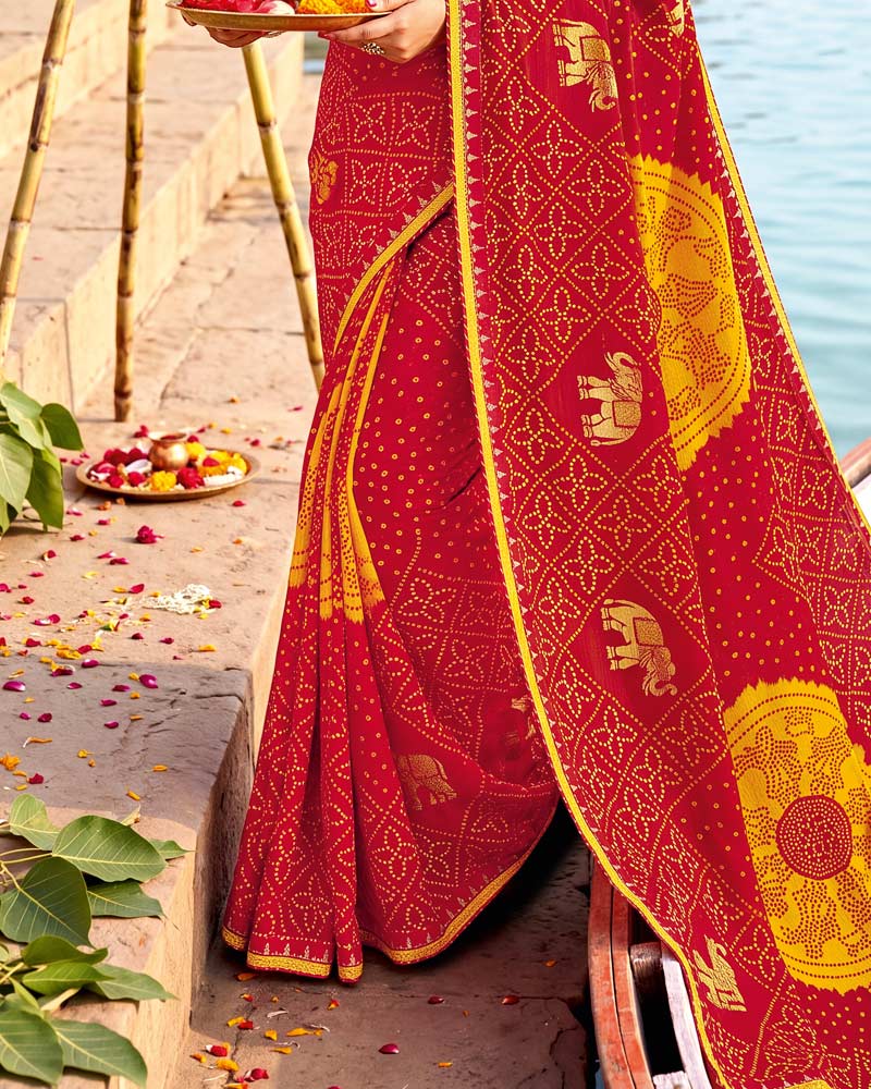 Vishal Prints Dark Red Printed Chiffon Traditional Print Saree With Foil Print And Fancy Border