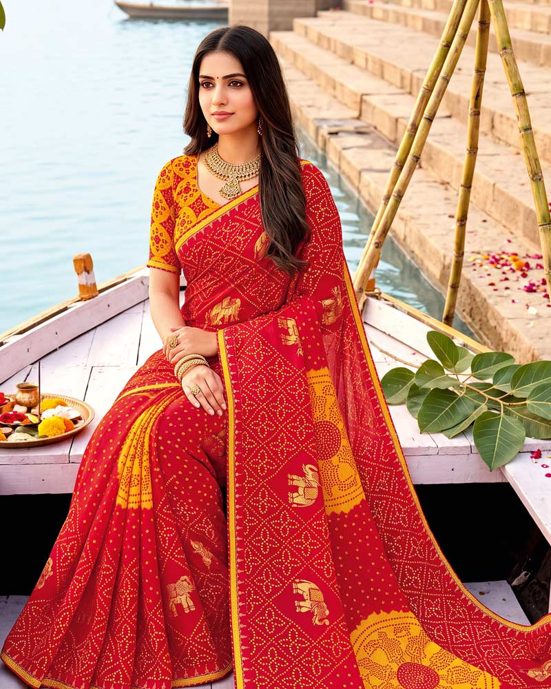 Vishal Prints Dark Red Printed Chiffon Traditional Print Saree With Foil Print And Fancy Border
