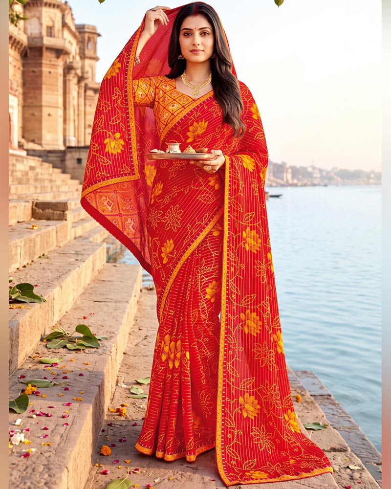 Vishal Prints Dark Pastel Red Printed Chiffon Traditional Print Saree With Foil Print And Fancy Border
